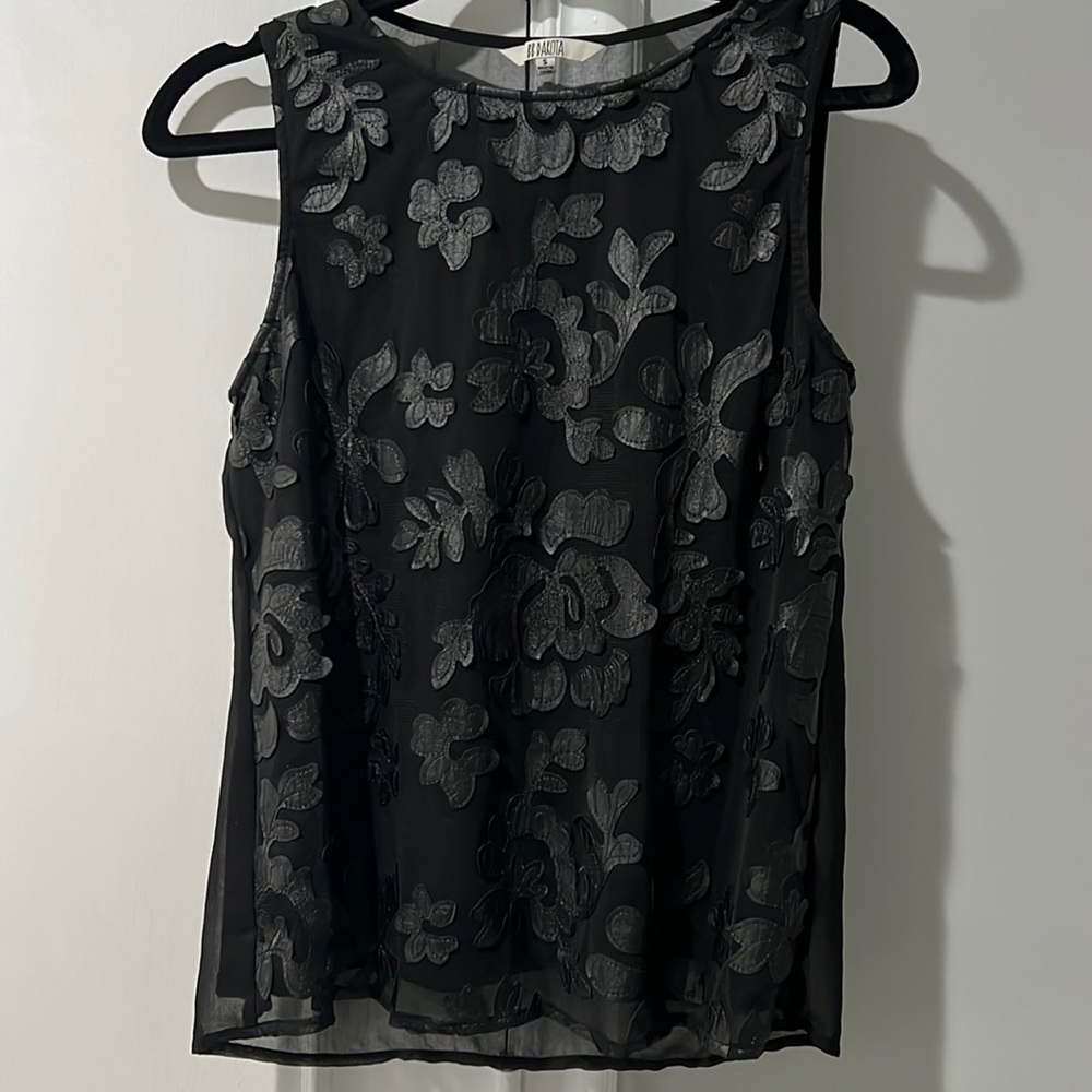BB Dakota Black floral faux leather embroidered top sleeveless